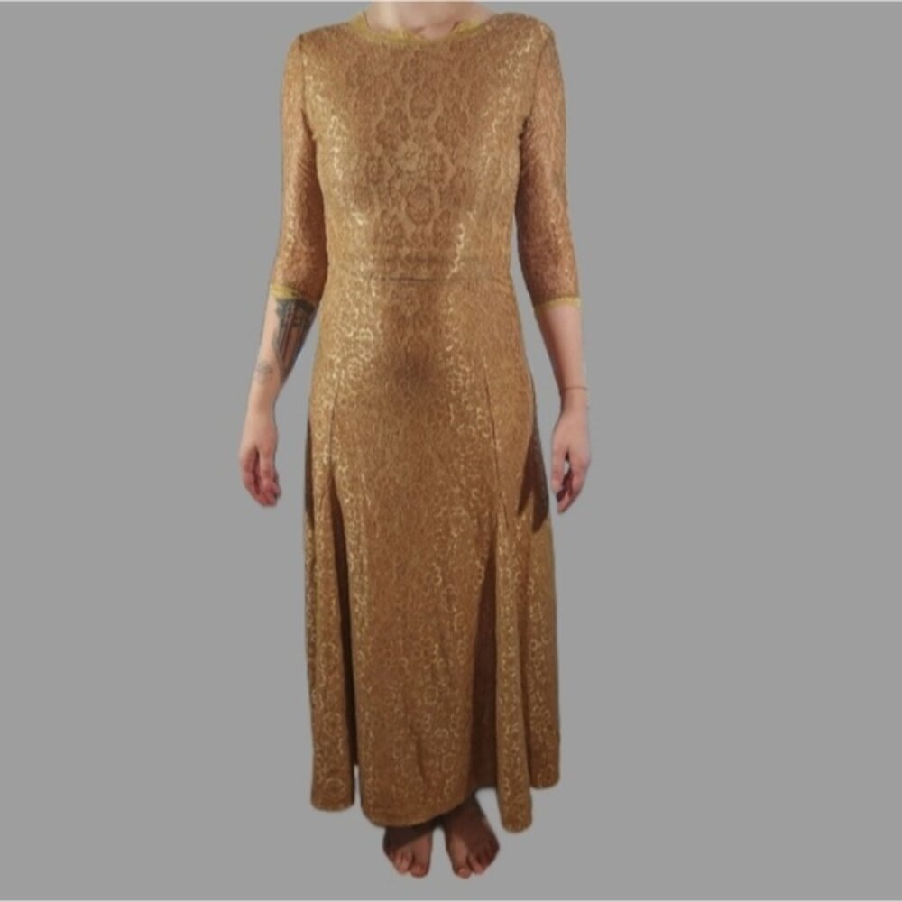 Gold lace mermaid hem sleeved evening gown princess elegant